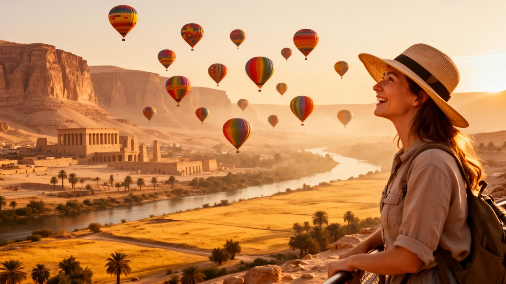Hot air balloons over Luxor at sunrise